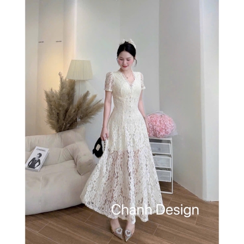 Đầm thiết kế ren cổ V dáng dàng