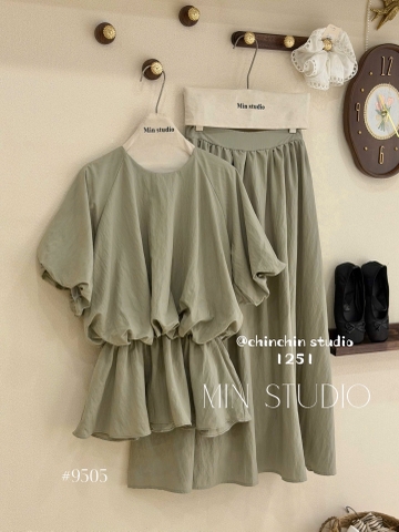 Set áo kiểu nhúng eo phồng chân váy dài