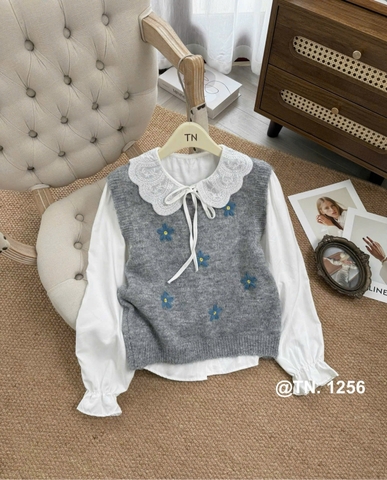 Áo kiểu cổ sen tay bèo phối gile hoa