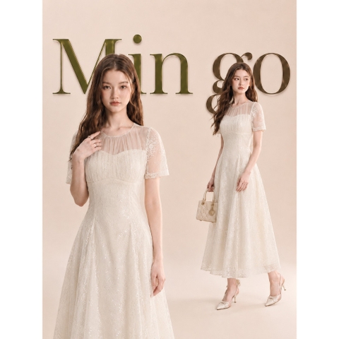 Đầm thiết kế ren chiết eo dáng xoè