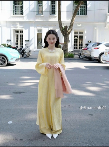 Áo dài gấm cổ tròn 3 bông