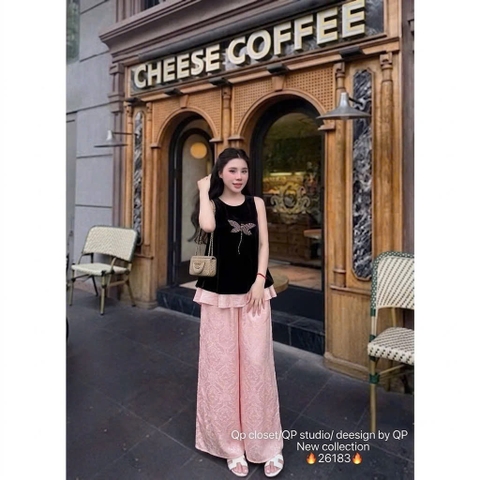 Set đồ lam áo nhung thêu chuồn chuồn đá quần lụa