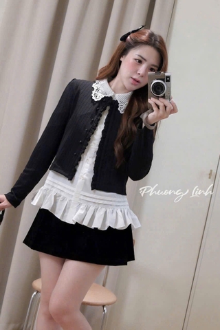 Set 3 món sơ mi cổ ren+khoác len phối bèo+cv nhung chữ A