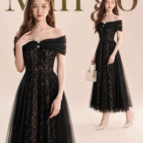 Đầm thiết kế trễ vai đính đá trước ngực  ren tùng xoè