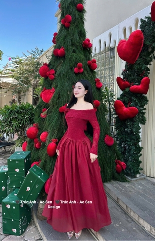Đầm trễ vai tay dài cao cấp dáng dài xoè