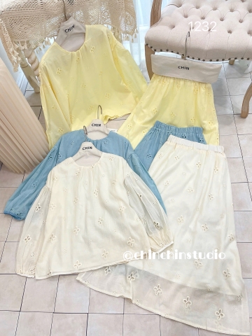 Set áo tay phồng kèm chân váng dài