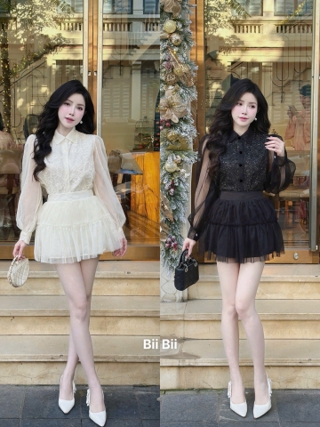 Set áo sơ mi ren lưới + cv ngắn coè tầng