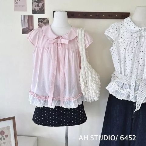 Áo kiểu babydoll chấm bi cổ bèo sen viền tà ren