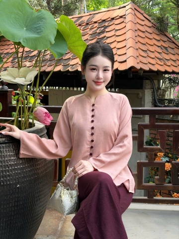 Bộ lam cổ V cúc bọc