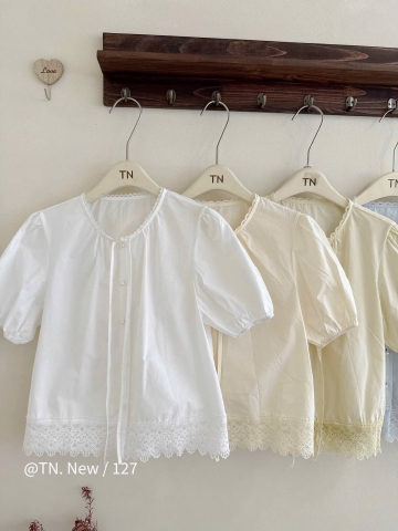 Áo kiểu somi babydoll thắt nơ cúc ngọc trai