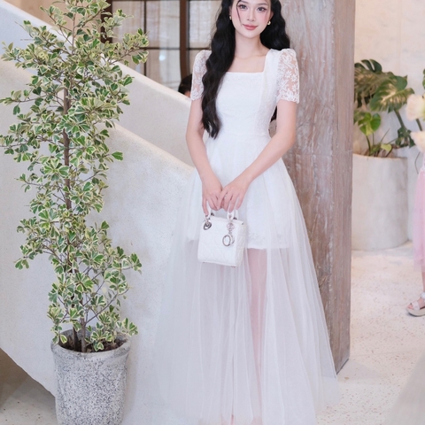 Đầm thiết kế cổ vuông tay ren dáng dài phối voan đi tiệc cao cấp hai màu trắng kem