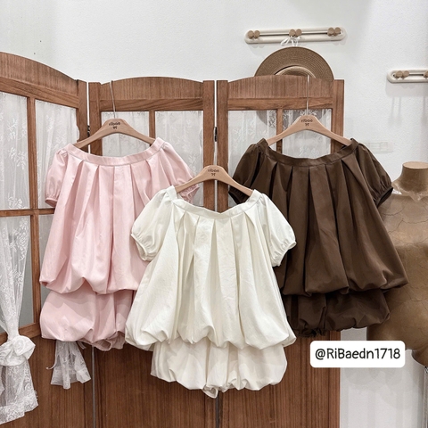 Set kiểu 2 món áo babydoll trễ vai chân váy bí phồng