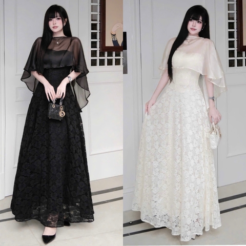 Đầm thiết kế ren 2 dây kèm khăn choàng tơ