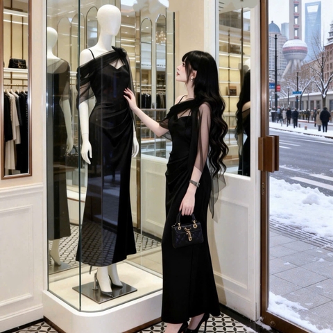 Đầm thiết kế lụa choàng lưới lệch vai đính hoa