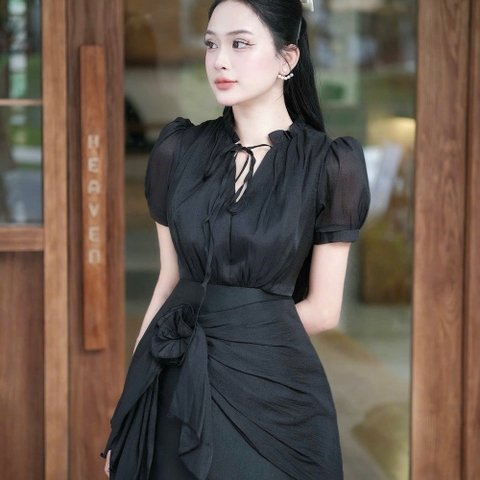 Đầm thiết kế voan cổ cao tay ngắn phối dây voan hoa size dưới 65kg 3 màu xám xanh/ đen/ kem