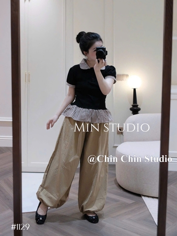 Set áo cổ sen kèm quần ống rộng bo chân