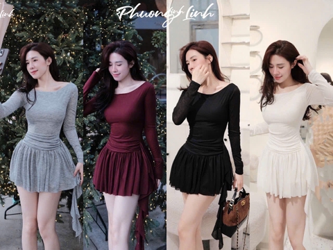 Đầm len trễ vai dài tay nhũn eo ôm body cv xoè phối tà bèo