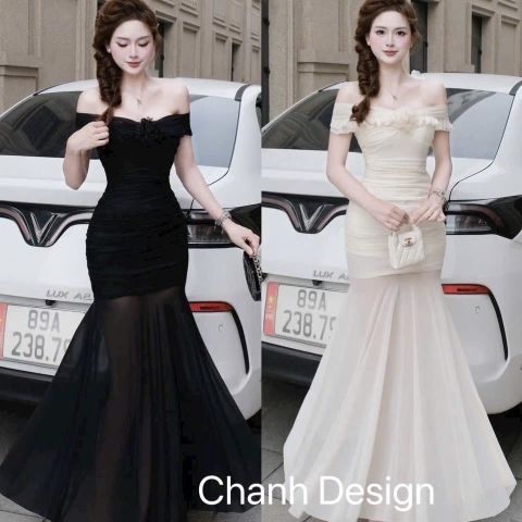 Đầm thiết kế trễ vai hoa ngực dáng xoè