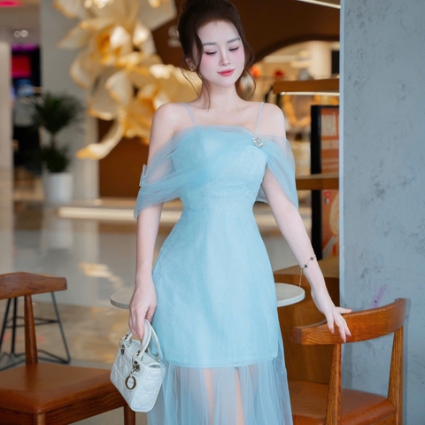 Đầm thiết kế ren voan dài phụ kiện nơ đính đá