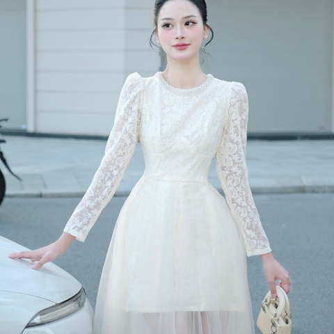 Đầm thiết kế cổ tròn đính ngọc chân voan tay dài
