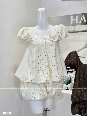 Set áo babydoll chấm bi tay phồng kèm quần bí