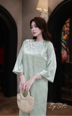 Áo dài gấm lá tre dáng xuông H