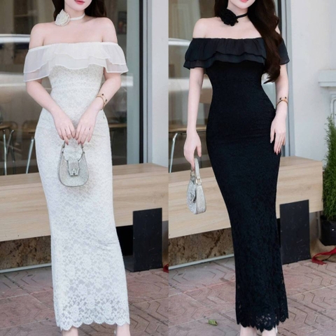 Đầm thiết kế trễ vai ren tầng cổ hoa