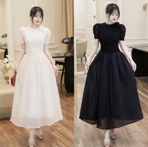 Đầm cổ tròn dáng xoè ôm eo sang chảnh