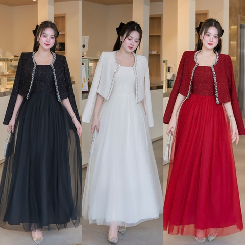 Đầm dạ 2 dây phối lưới  sang trọng kèm khoác
