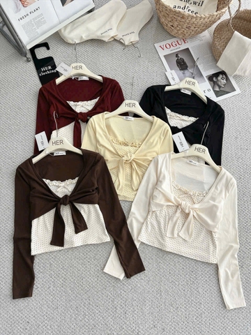 Áo 2 dây chấm bi kèm khoác croptop tay dài