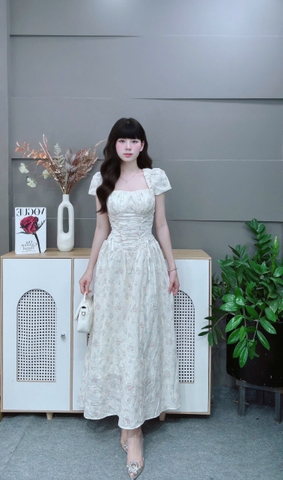 Đầm dài cổ bèo hoa nhí đan 2 bên eo