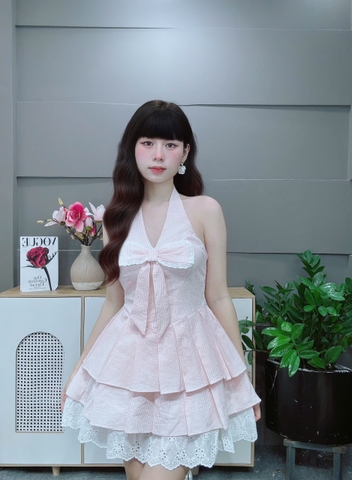 Set sọc dọc cổ nơ quần viền ren hoa