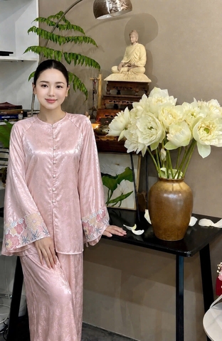 Đồ lam cổ tròn tay loe phối kim sa