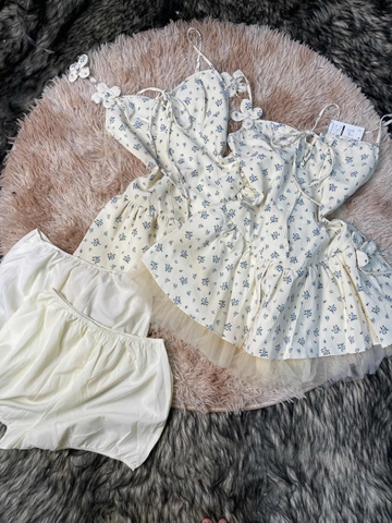 Váy 2 dây hoa nhí xanh tùng voan