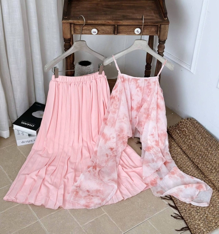 Set áo 2 dây loang mây kèm chân váy xếp ly