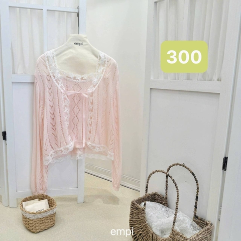 Áo khoác kiểu len phối ren cột nơ ngực