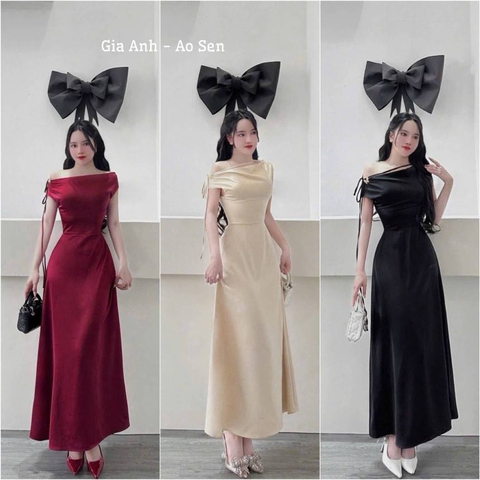 Đầm lụa vai ngang buộc dây