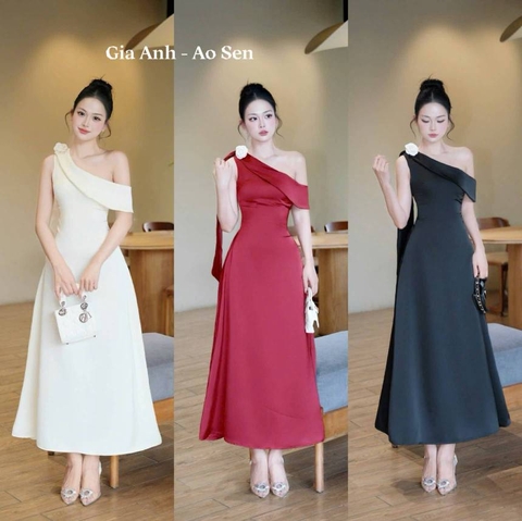 Đầm lụa vai chéo kèm hoa