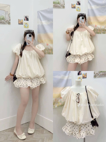 Set áo phồng kèm quần chấm bi bèo
