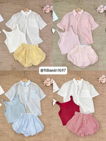 Set 3 món khoác ngoài áo 2 dây kèm quần bí caro