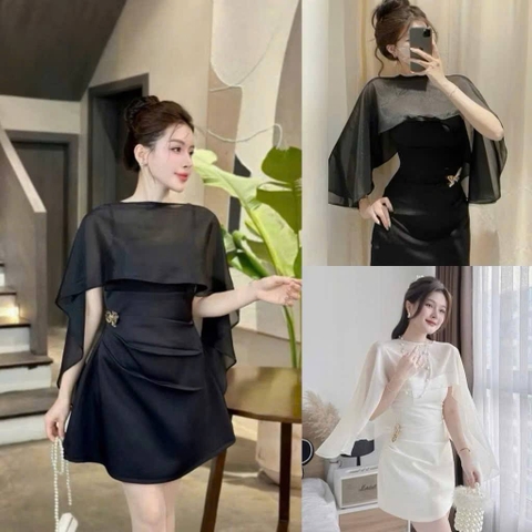 Đầm thiết kế 2 dây nhấn eo kèm áo choàng