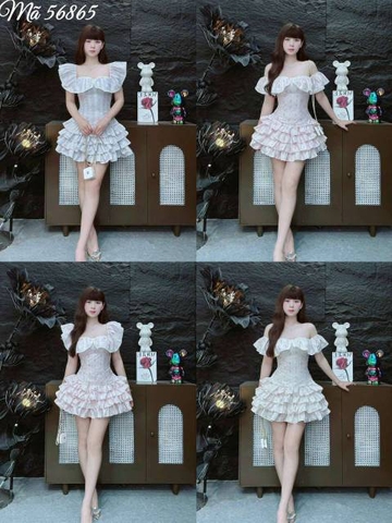 Set áo hoa nhí trễ vai kèm chân váy tầng