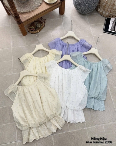 Áo kiểu voan hoa nhí bo chun ren lai
