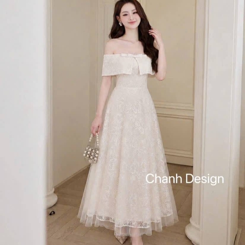 Đầm thiết kế trễ vai ren nơ ngực dáng dài