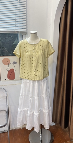 Áo kiểu chấm bi ren cổ tay ngắn