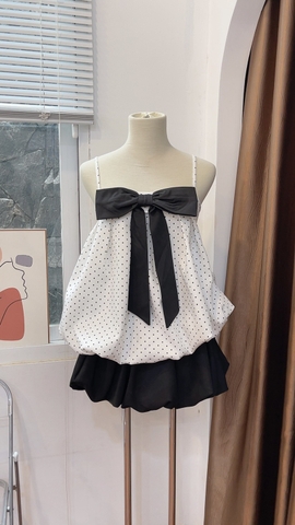 Set áo 2 dây babydoll nơ ngực kèm quần bí LS 6170