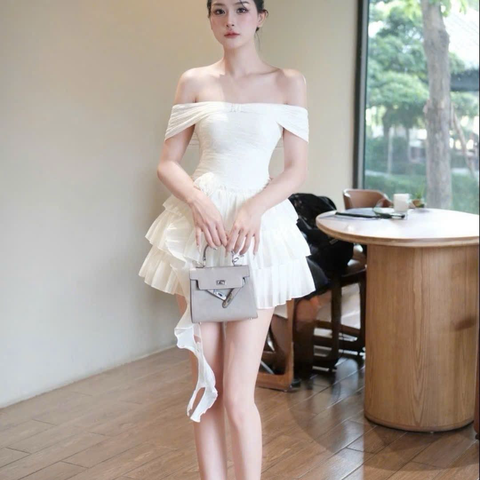 Đầm thiết kế trễ vai nhiều tầng sang trọng tay ngắn đi tiệc