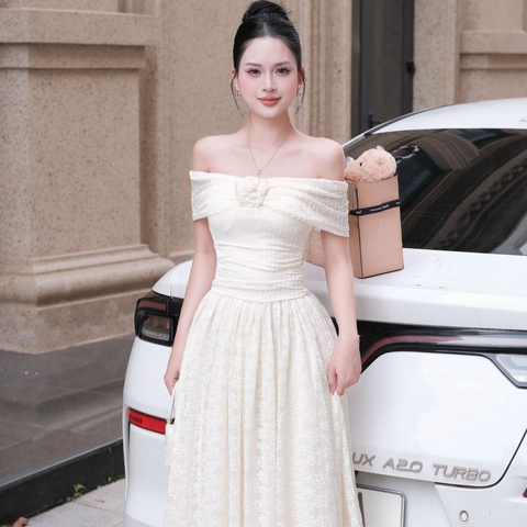 Đầm thiết kế trễ vai ren dài xoè sang chảnh dự tiệc cao cấp