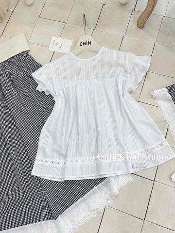 Set áo kiểu tiểu thư kèm quần caro dài phối ren