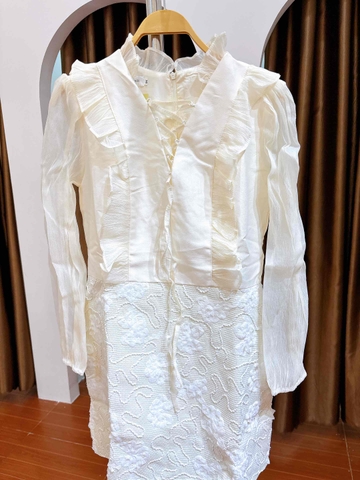 Đầm cổ V sang chảnh tay voan dài